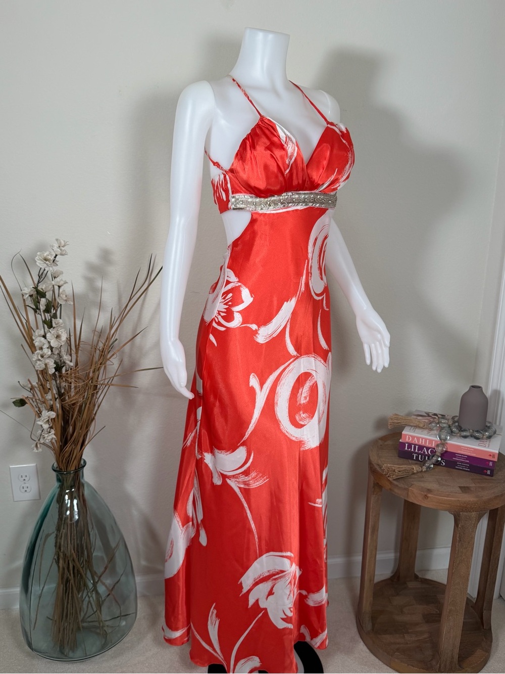 Red Coral Orange Satin Maxi Dress by B Darlin. Formal or Prom Dress